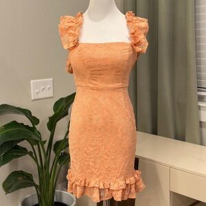 Selfie Leslie Peach Lace Ruffle Mini Dress